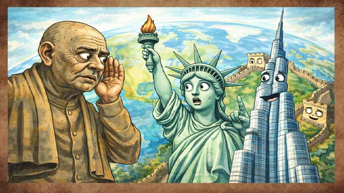 statue of liberty, statue of unity, great wall of china, Eiffel tower