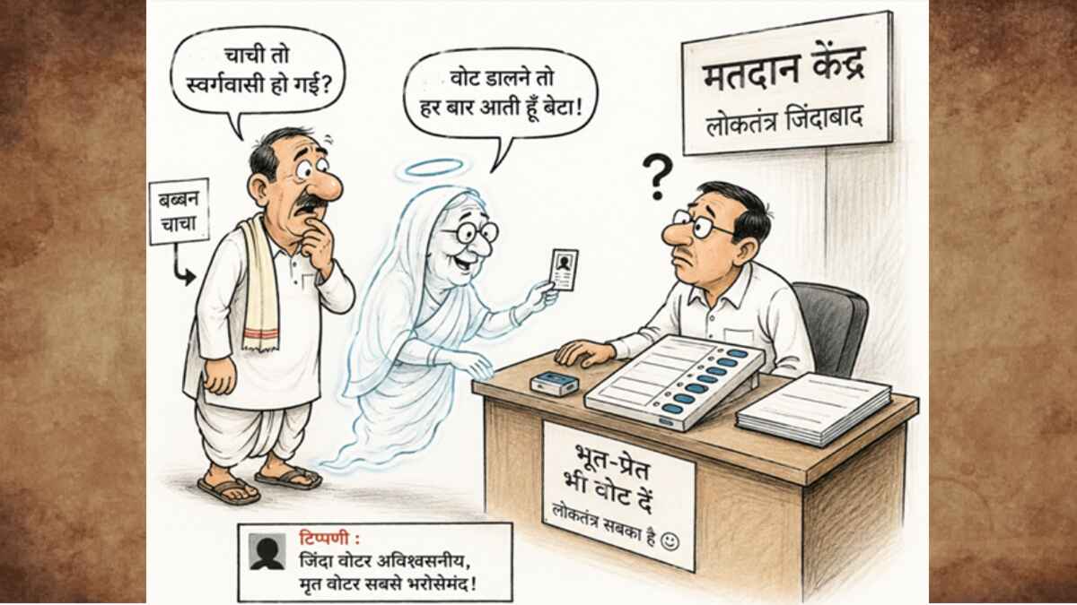 cartoon, मृतक वोटर का पुनर्जन्म, cartoon by mitesh, dead voter cartoon