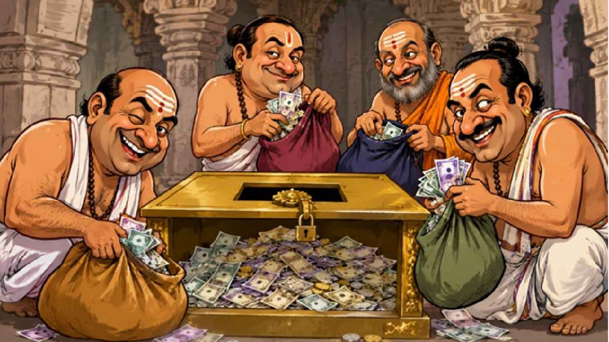 cartoon, mandir, dan peti, pujari cartoon